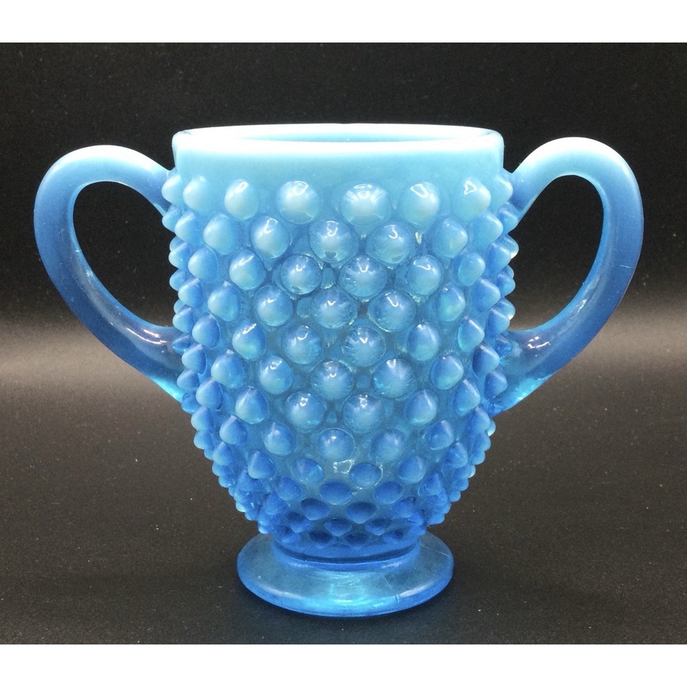 Fenton Blue Opalescent Art Glass Hobnail Sugar Bowl  3.25" tall